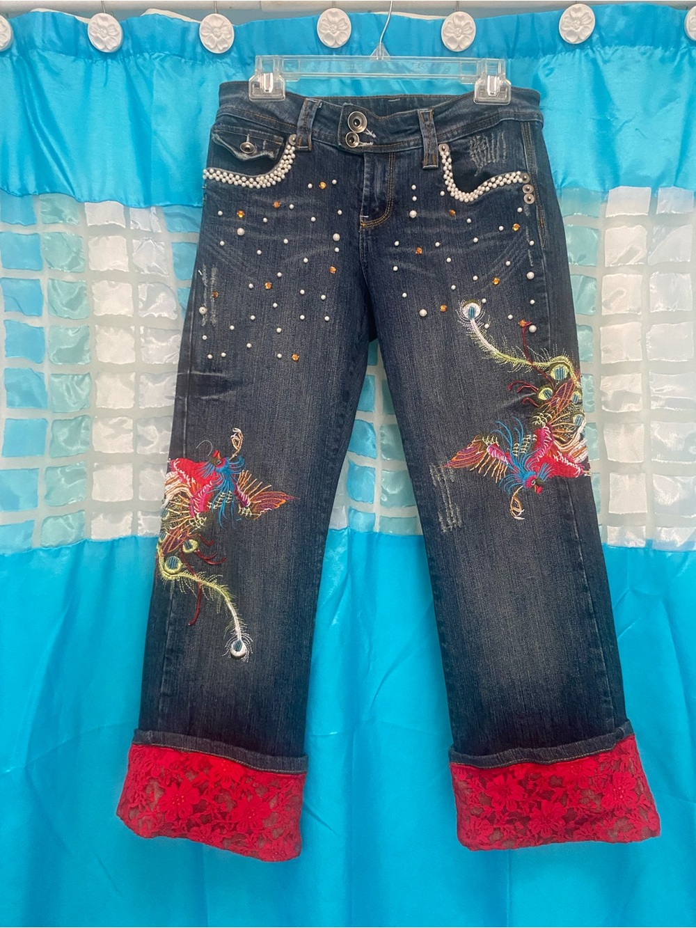 Dark Wash Embroidered Women’s Jeans with Red Lace Cuffs